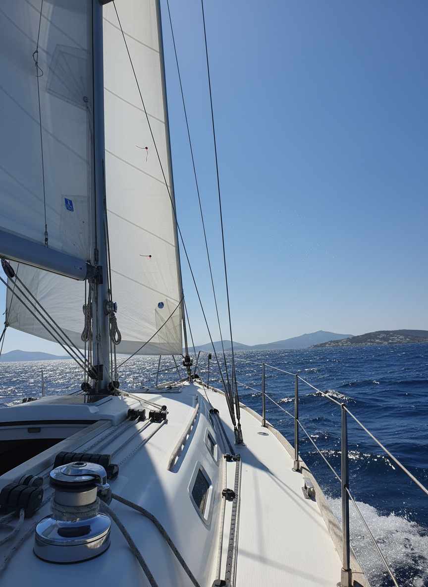 An energetic close-up of SV Shanti under full sail in a gusty Aegean breeze, shot from the bow looking aft along the slightly heeled deck. The taut white genoa and mainsail billow powerfully against a deep blue sky, sheets running taut along the non-skid deck. Stainless lifelines slice diagonally across the frame, with salty spray frozen mid-air against the glossy hull. Distant Greek islands fade into a hazy blue on the horizon. Harsh midday sunlight creates crisp, sparkling highlights on waves and sharp shadows beneath deck hardware. Photographic realism with dynamic composition and a playful, adventurous mood, emphasizing motion and the thrill of sailing.