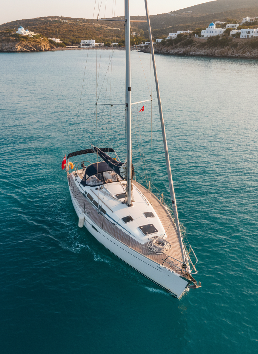 A sleek Jeanneau Sun Odyssey 49 named SV Shanti cuts through calm turquoise Mediterranean water, its white hull slightly weathered from long passages, stainless steel rigging gleaming. The boat is centered in the frame from a slightly elevated drone perspective, with a crescent of rocky Greek coastline and whitewashed houses in the distance. Late-afternoon golden sunlight creates sparkling highlights on the small waves and soft shadows on Shanti’s deck. A neatly coiled line and a rumpled navy sail cover hint at recent sailing action. Photographic realism, vibrant yet unpolished, capturing a playful, free-spirited mood and the feeling of open-ended travel.